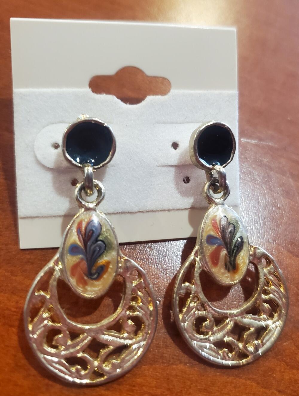 Vintage Gold Tone Multi-color Enamel Drop Dangle Earrings Enamel Filigree 1.5"